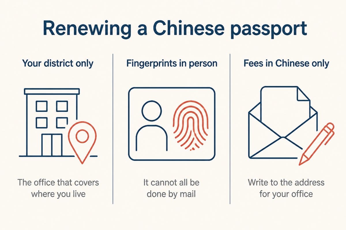 Renewing a Chinese passport: Your district only; Fingerprints in person; Fees in Chinese only