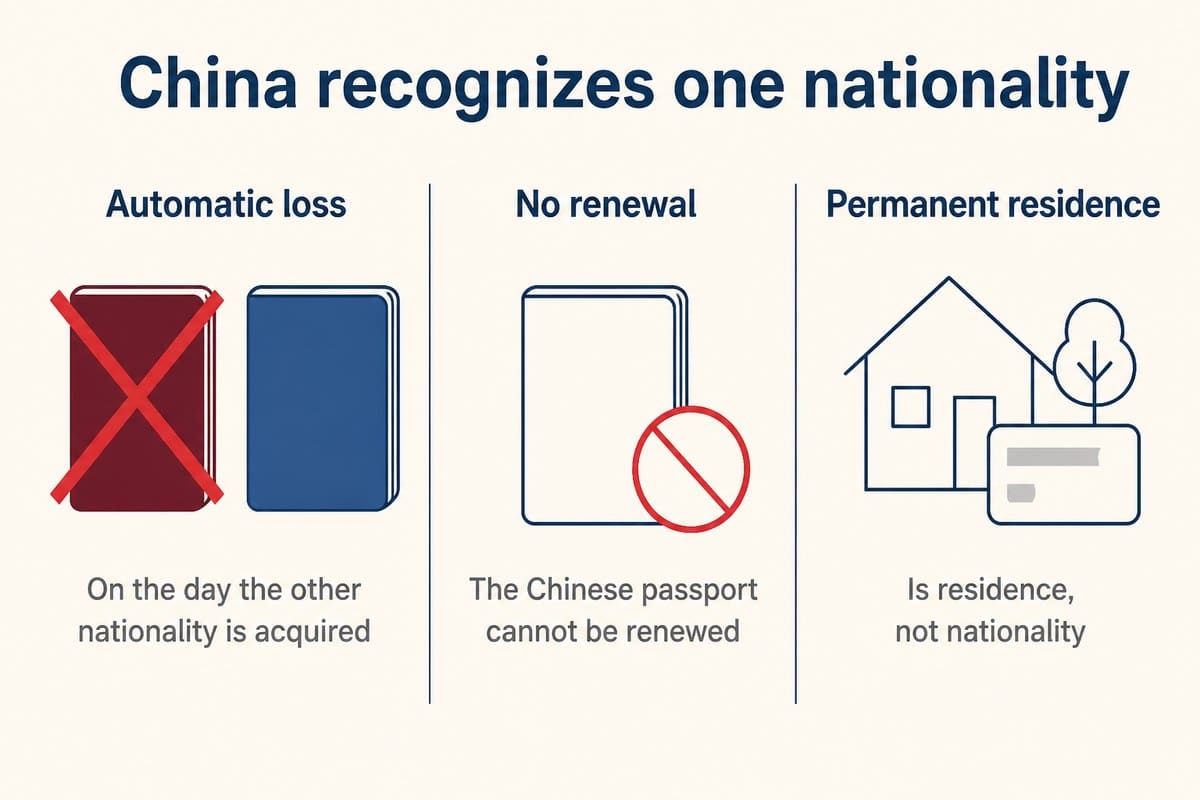 China recognizes one nationality: Automatic loss; No renewal; Permanent residence