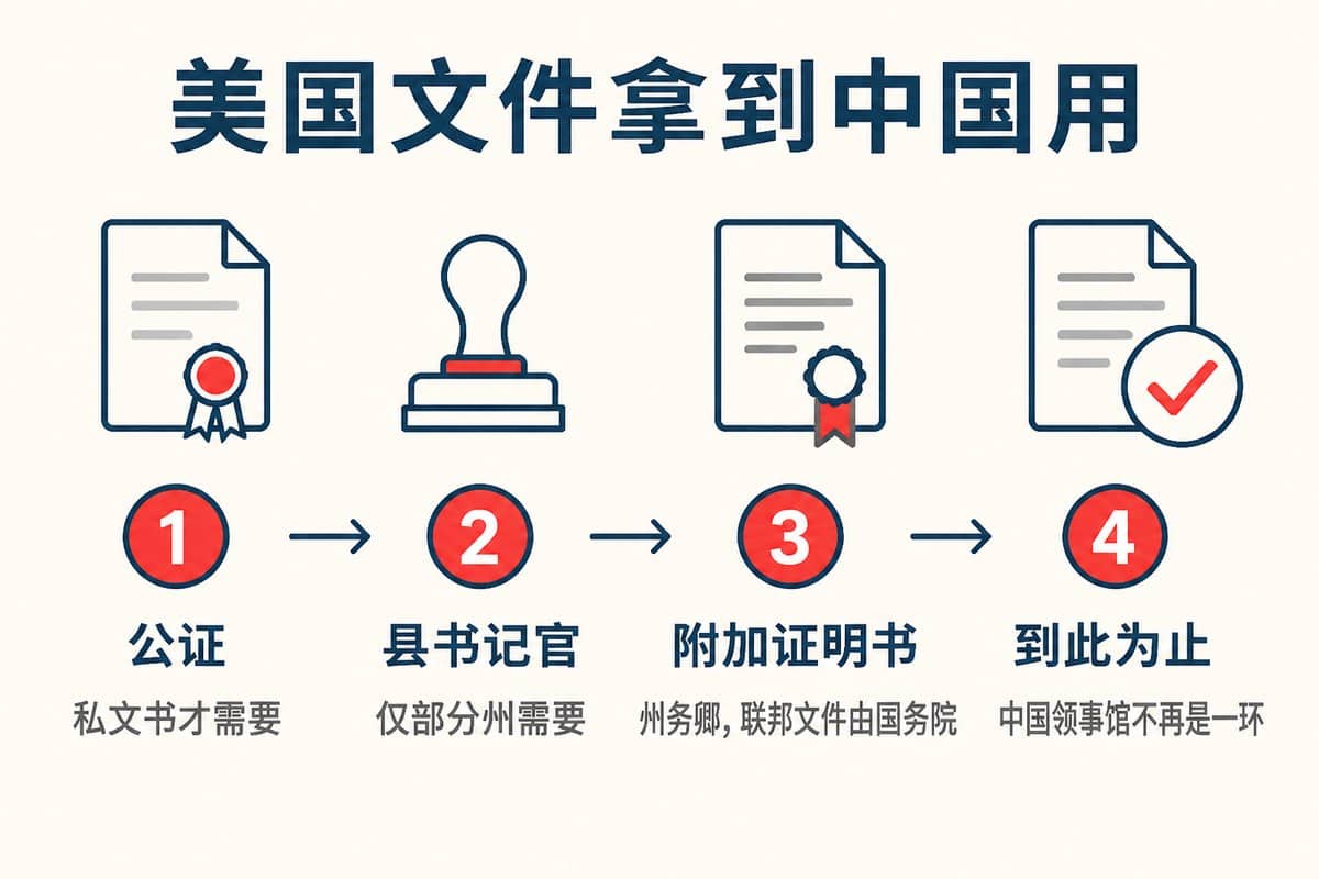 美国文件拿到中国用:公证;县书记官;附加证明书;到此为止