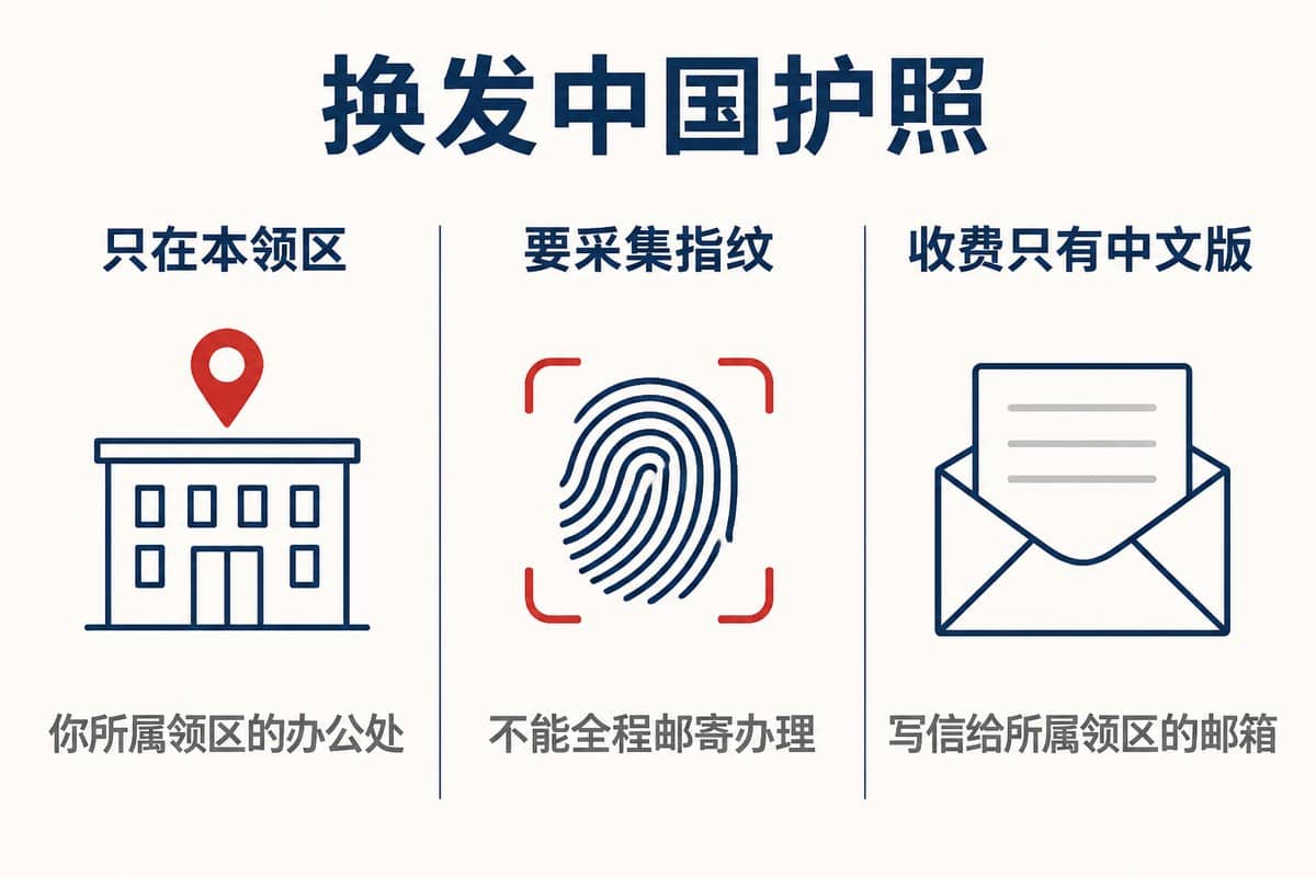 换发中国护照:只在本领区;要采集指纹;收费只有中文版