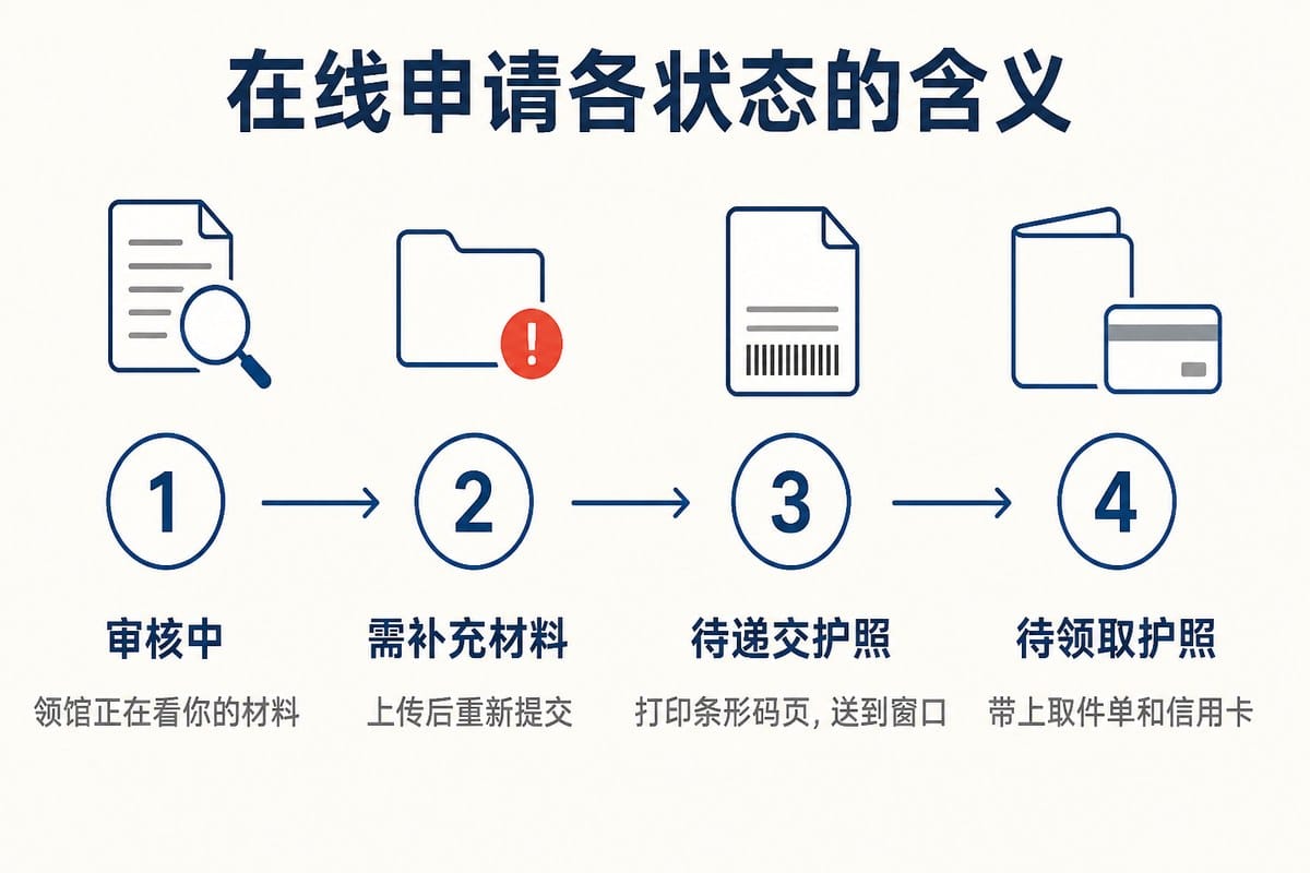 在线申请各状态的含义:审核中;需补充材料;待递交护照;待领取护照
