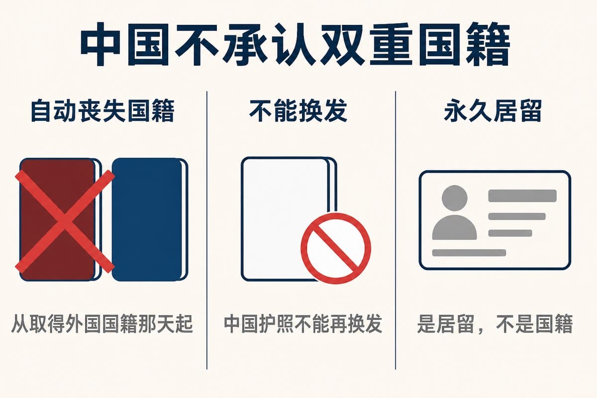 中国不承认双重国籍:自动丧失国籍;不能换发;永久居留