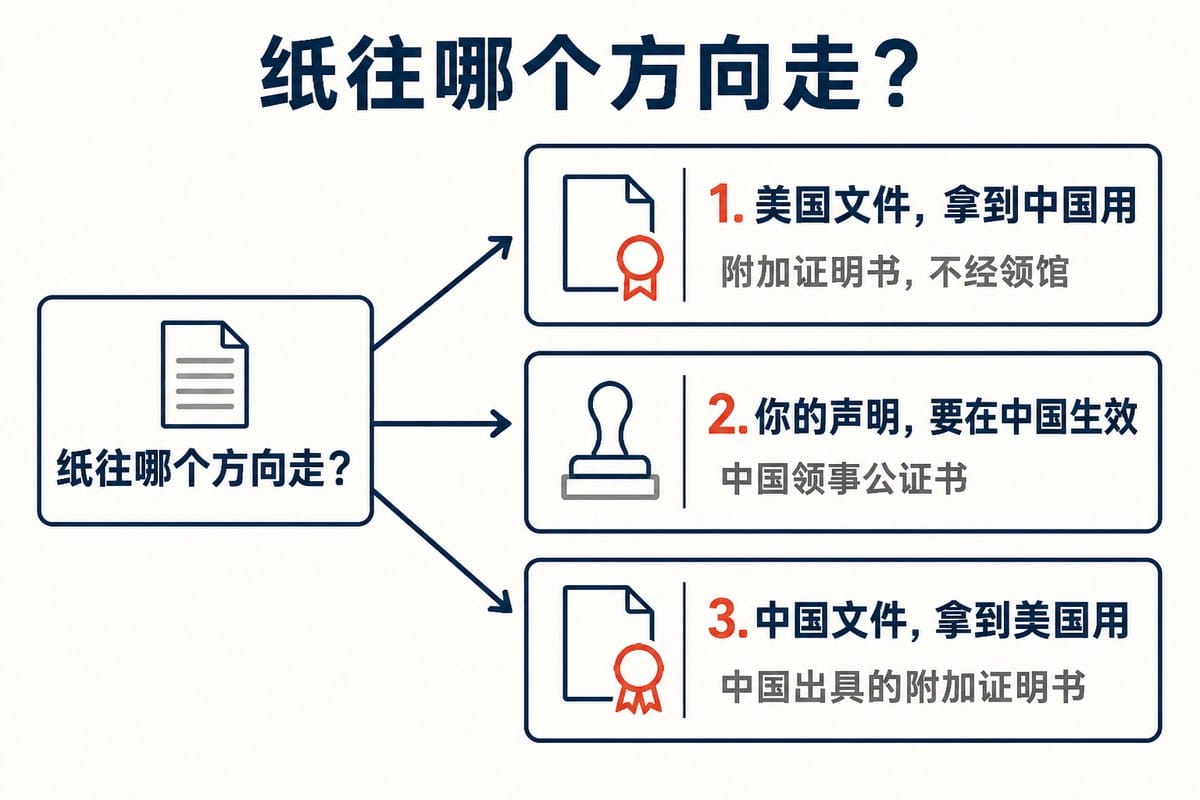 纸往哪个方向走:美国文件,拿到中国用;你的声明,要在中国生效;中国文件,拿到美国用