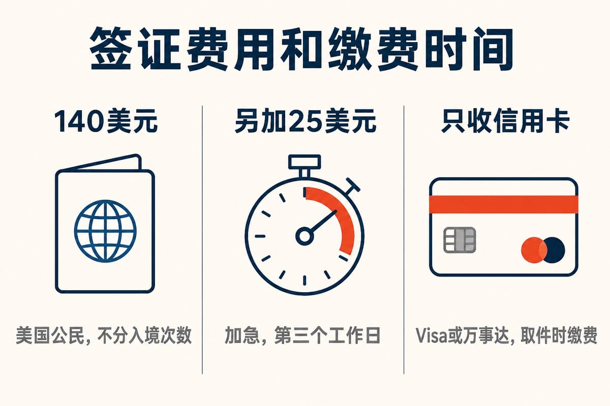 签证费用和缴费时间:140美元;另加25美元;只收信用卡
